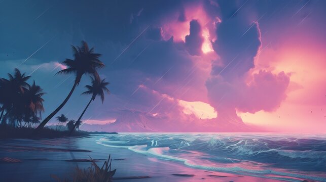  a painting of a tropical sunset with palm trees and a pink sky.  generative ai
