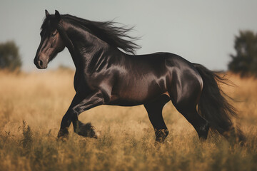 Fototapeta na wymiar Stunning picture of a black horse in motion on grass generative AI technology