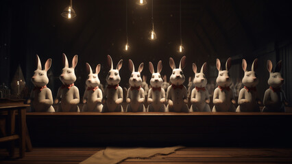 Rabbit choir singing on stage. Cute funny animals and pets. Surreal white rabbit pictures. AI art.