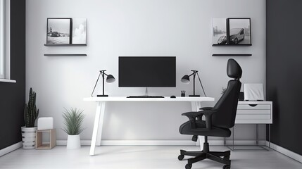  a black and white office with a desk, chair and computer.  generative ai