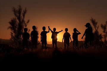 Fototapeta na wymiar Silhouette of a group of happy children on sunset background.
