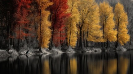  a lake surrounded by trees with yellow and red leaves on it.  generative ai