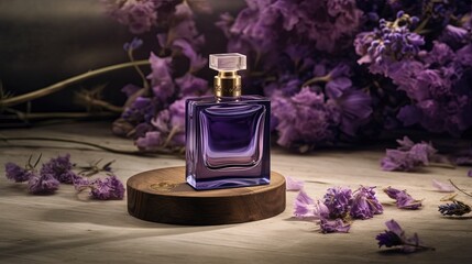 Obraz na płótnie Canvas close up beautiful glass perfume bottle with flower, Generative Ai