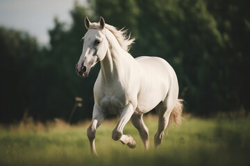 Naklejka na ściany i meble Stunning picture of a white horse in motion on grass generative AI technology