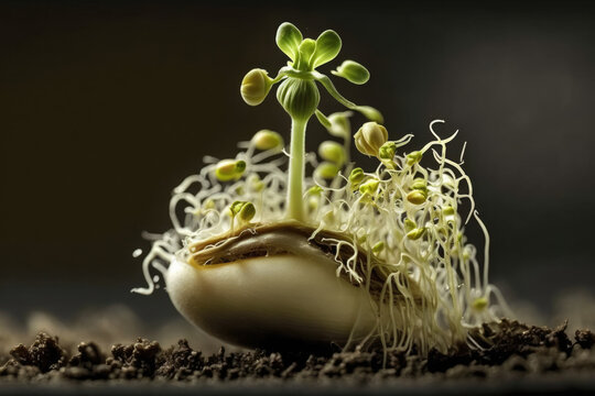 Premium Close up view of Mung bean sprouts. Vegetarian themed, healthy eating concept. Generative AI.