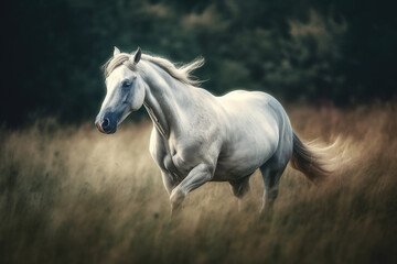 Obraz na płótnie Canvas Stunning picture of a white horse in motion on grass generative AI technology