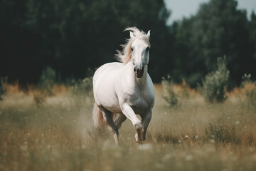 Fototapeta na wymiar Stunning picture of a white horse in motion on grass generative AI technology