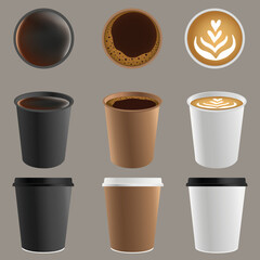 Coffee in a glass paper coffee set with lids illustration