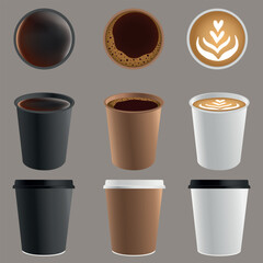 Obraz premium Coffee in a glass paper coffee set with lids vector illustration