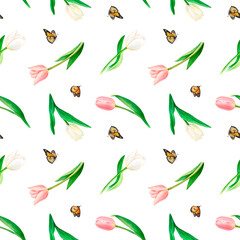 Watercolor drawing pattern of flying butterflies and pink and white tulip stems on white background. Nice picture for illustration, stickers, cards, scrapbooking