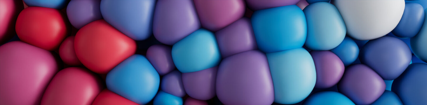 Red White and Blue 3D Balloons squash together to make a Multicolored abstract wallpaper. 3D Render.  