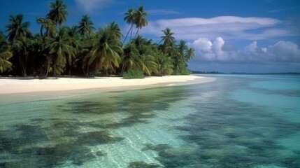  a tropical beach with palm trees and clear blue water in the foreground.  generative ai