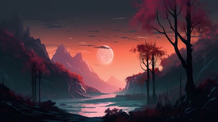  a painting of a sunset over a river with mountains in the background.  generative ai