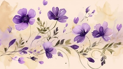  a painting of purple flowers with green leaves on a white background.  generative ai