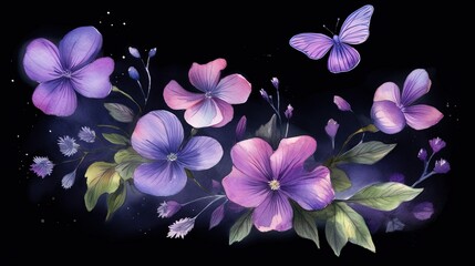  a painting of purple flowers and butterflies on a black background.  generative ai