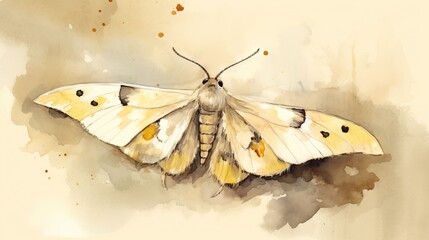  a watercolor painting of a yellow and white moth on a beige background.  generative ai