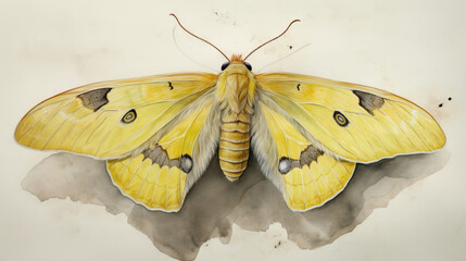  a large yellow butterfly sitting on top of a white wall.  generative ai