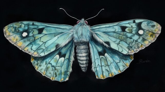  a drawing of a blue butterfly on a black background,.  generative ai