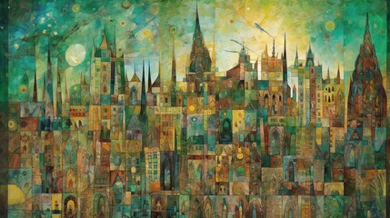  a painting of a cityscape with lots of tall buildings.  generative ai