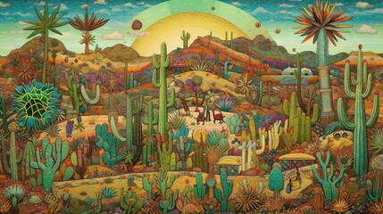  a painting of a desert scene with cactus trees and mountains.  generative ai
