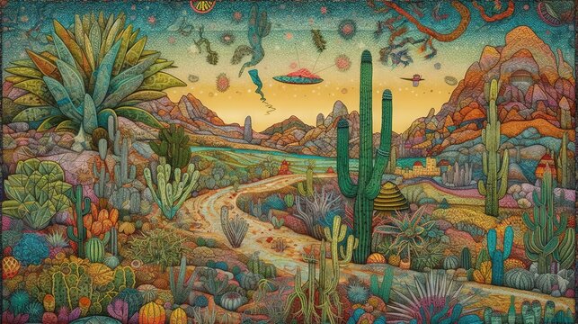  a painting of a desert scene with cactus trees and other plants.  generative ai