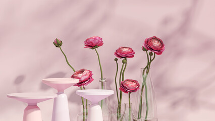 3D podium display, pastel pink background with rose flowers. Pink flower and glass vase. Minimal pedestal for beauty, cosmetic product. Valentine, holiday, feminine copy space template 3d render	