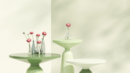 3D podium display, pastel green background with rose flowers. Pink flower and glass vase. Minimal pedestal for beauty, cosmetic product. Valentine, holiday, feminine copy space template 3d render	