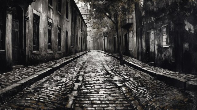  a black and white photo of a cobblestone street.  generative ai