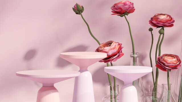 3D podium display, pastel pink background with rose flowers. Pink flower and glass vase. Minimal pedestal for beauty, cosmetic product. Valentine, holiday, feminine copy space template 3d render	