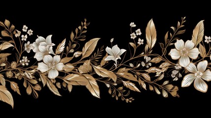  a black background with white and gold flowers and leaves on it.  generative ai