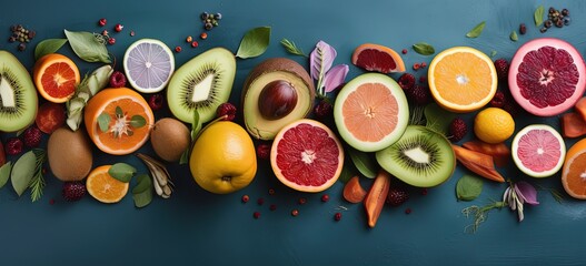 flat lay banner background of full of healthy fresh sliced fruits, Generative Ai