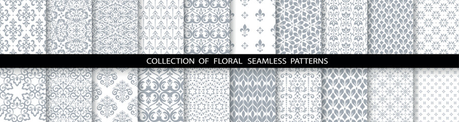 Geometric floral set of seamless patterns. White and gray vector backgrounds. Damask graphic ornaments