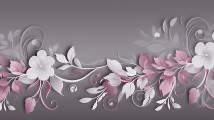 a pink and white floral design on a gray background with swirls and leaves.  generative ai