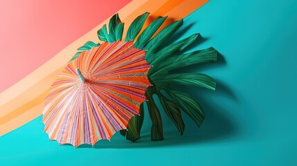 summer mood, summer vacation theme banner background, colorful umbrella with green leaf, Generative Ai