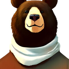Bear in a white scarf and jacket close-up illustration
