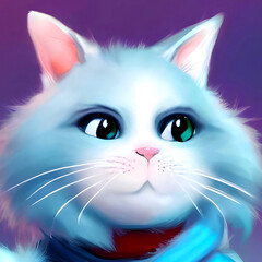 Cat white blue in a scarf portrait illustration close up