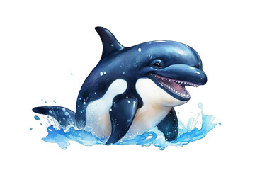 super cute baby orca full body view massive blue eyes and big head smiling cutely watercolor 