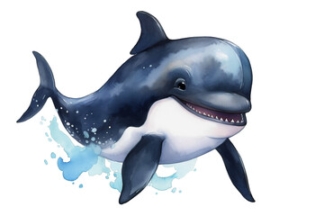 Fototapeta premium super cute baby orca full body view massive blue eyes and big head smiling cutely watercolor 