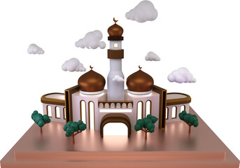3d rendering illustration of the beauty of the Islamic Mosque is a depiction of calm and harmony, displaying the beauty of Islamic architecture, a combination of gold color on the dome and white