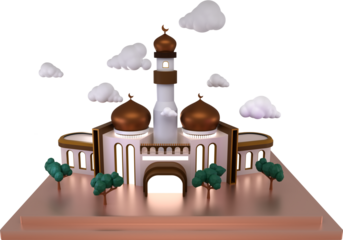 3d rendering illustration of the beauty of the Islamic Mosque is a depiction of calm and harmony, displaying the beauty of Islamic architecture, a combination of gold color on the dome and white