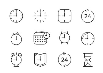 Time in hours, line icons set. Different linear signs of time, clock. Alarm clock, stopwatch, hourglass, data, wristwatch. Vector symbol