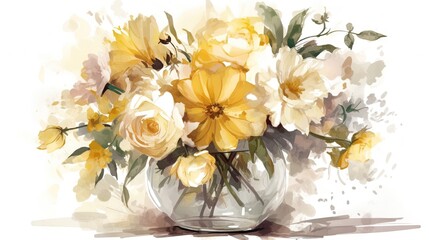  a painting of a vase filled with yellow and white flowers.  generative ai