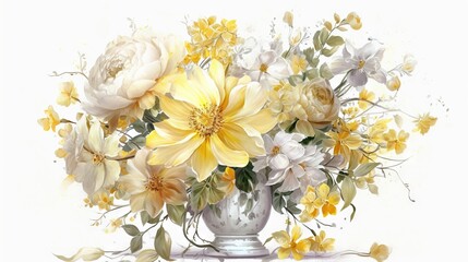  a painting of a vase filled with yellow and white flowers.  generative ai