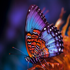 Fototapeta na wymiar Beautiful Butterfly on flower Blue Orange Purple Black AI-Generated closeup shot with Blurr Background High Resolution 