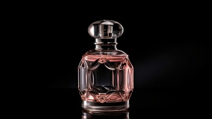 Obraz na płótnie Canvas a bottle of perfume sitting on a black surface with a black background. generative ai