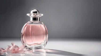  a bottle of perfume sitting on top of a white table.  generative ai
