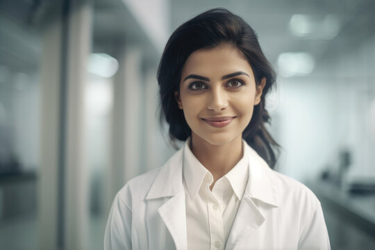 Young indian female scientific in laboratory. Generative AI., Generative AI