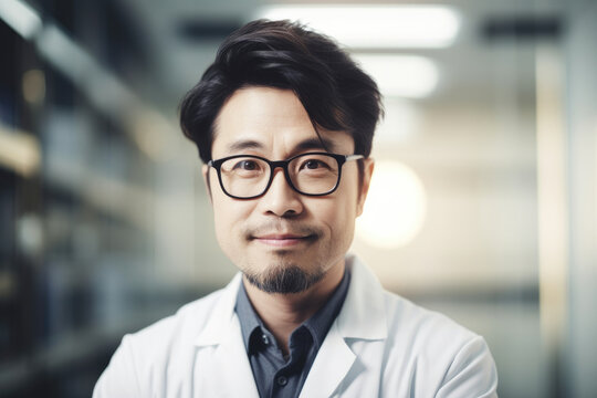 Young japanese male scientific in laboratory. Generative AI., Generative AI