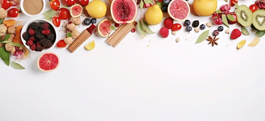 Naklejka na ściany i meble flat lay banner background of full of healthy fresh sliced fruits, Generative Ai