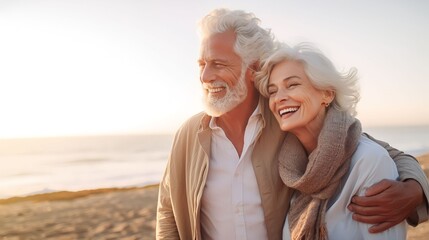 Romantic senior couple by the ocean. Affectionate elderly couple enjoying spending some quality time together after retirement, Generative AI